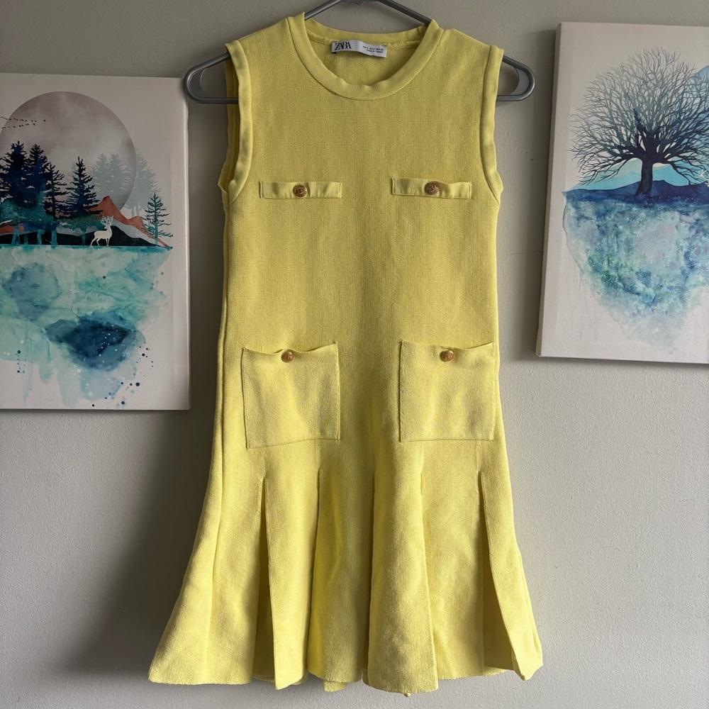 Zara BOX PLEAT MINI KNIT Trendy Butter Yellow DRESS small